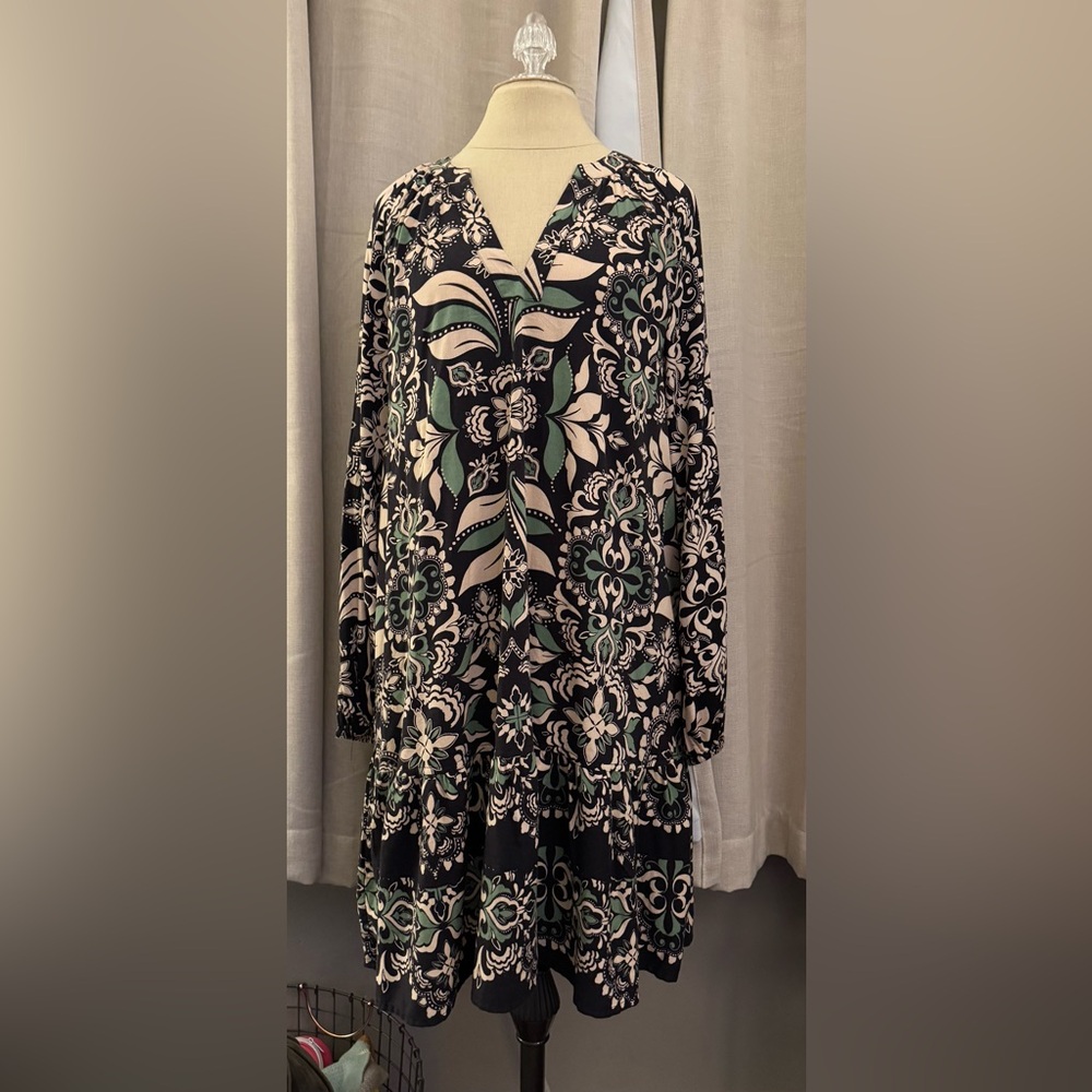 Fat Face  Black and Green Patterned Long Sleeve Dress Size US 10 NWT